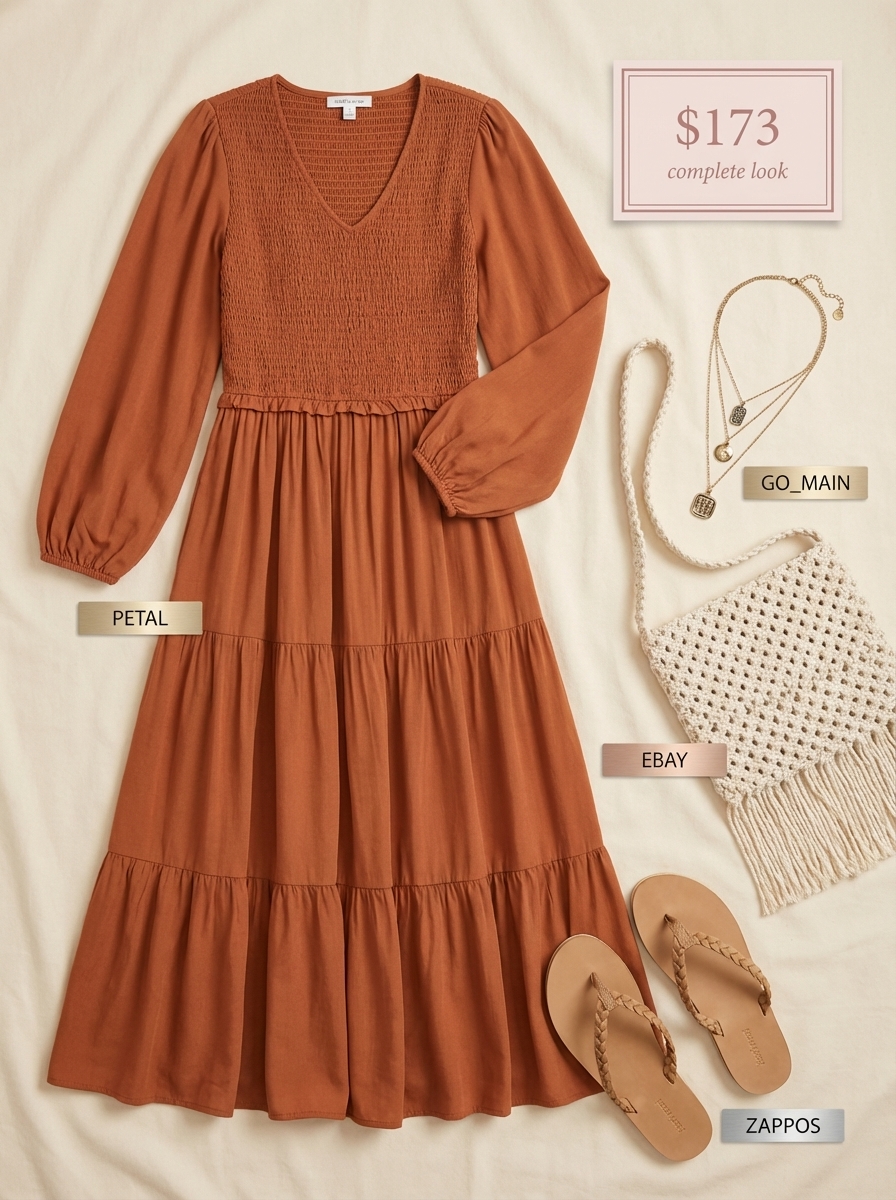 Relaxed terracotta tiered maxi dress with smocked bodice and puff sleeves, perfect for bohemian late summer outfits and beach escapes. Styled with braided leather sandals and a macrame bag.