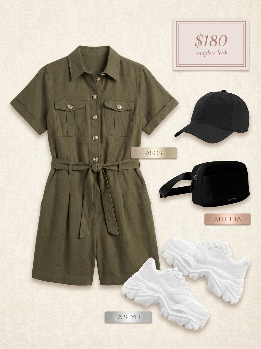 Comfortable late summer outfits for weekend errands with a khaki utility romper, white platform sneakers, a black belt bag, and a baseball cap.