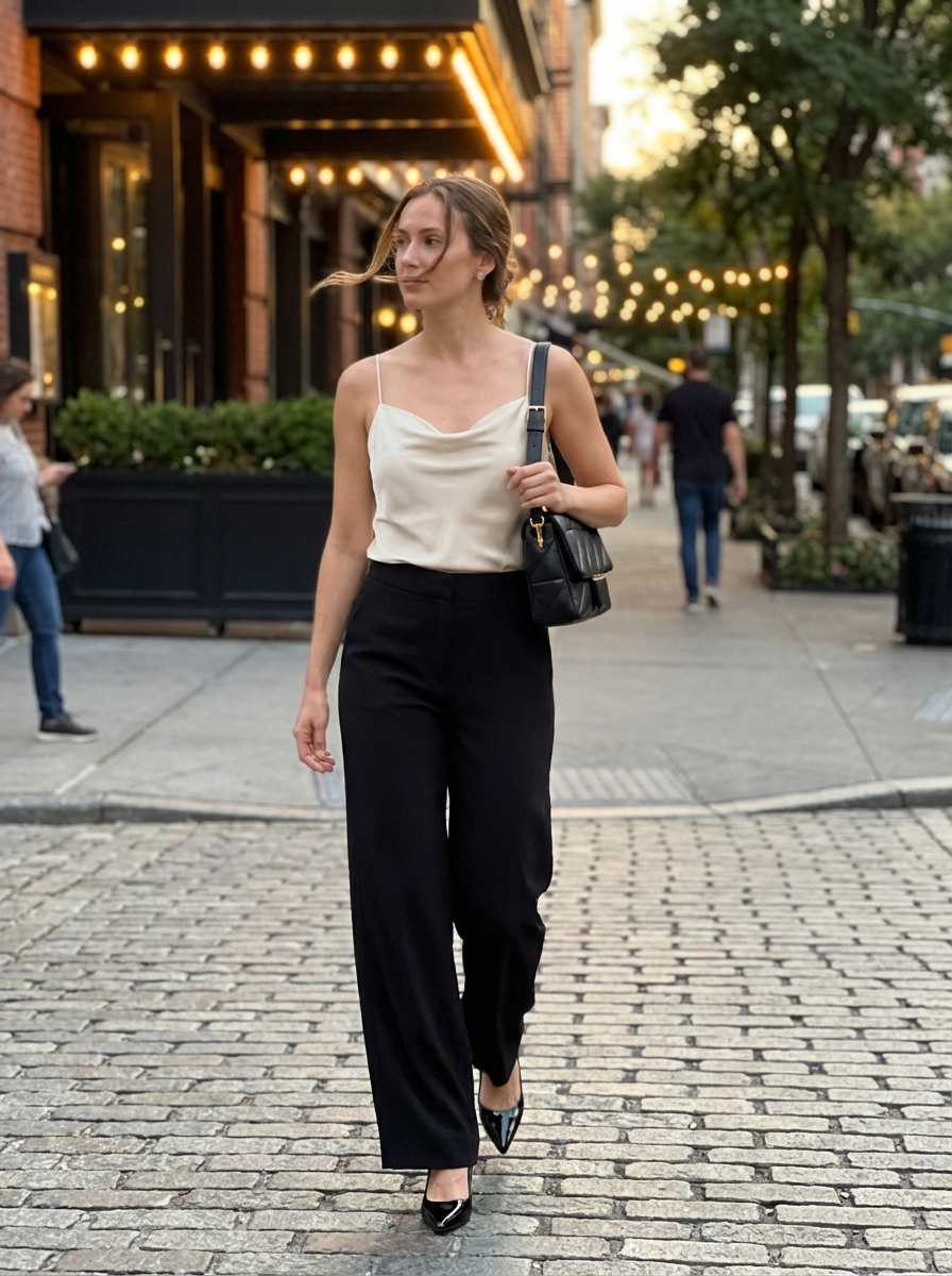 Sophisticated black wide-leg trousers paired with a cream silk blend cowl neck camisole for elegant late summer outfits. Accessorized with black stiletto heels and a quilted bag for dinner.