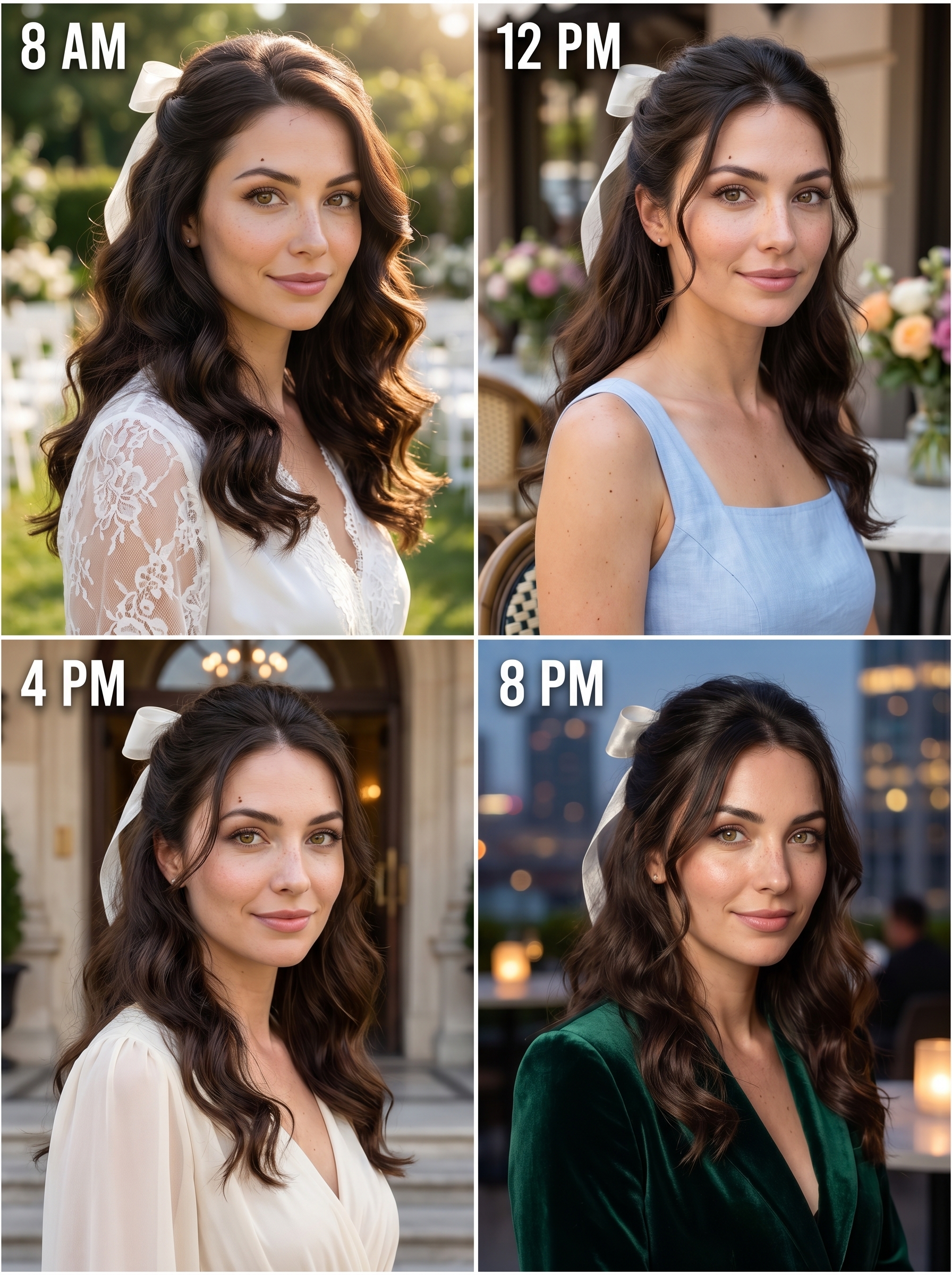 Romantic Baroque ribbon half-up in natural hair color with an ivory silk ribbon, a coquette outdoor wedding hair summer 2026 style. Features soft waves.