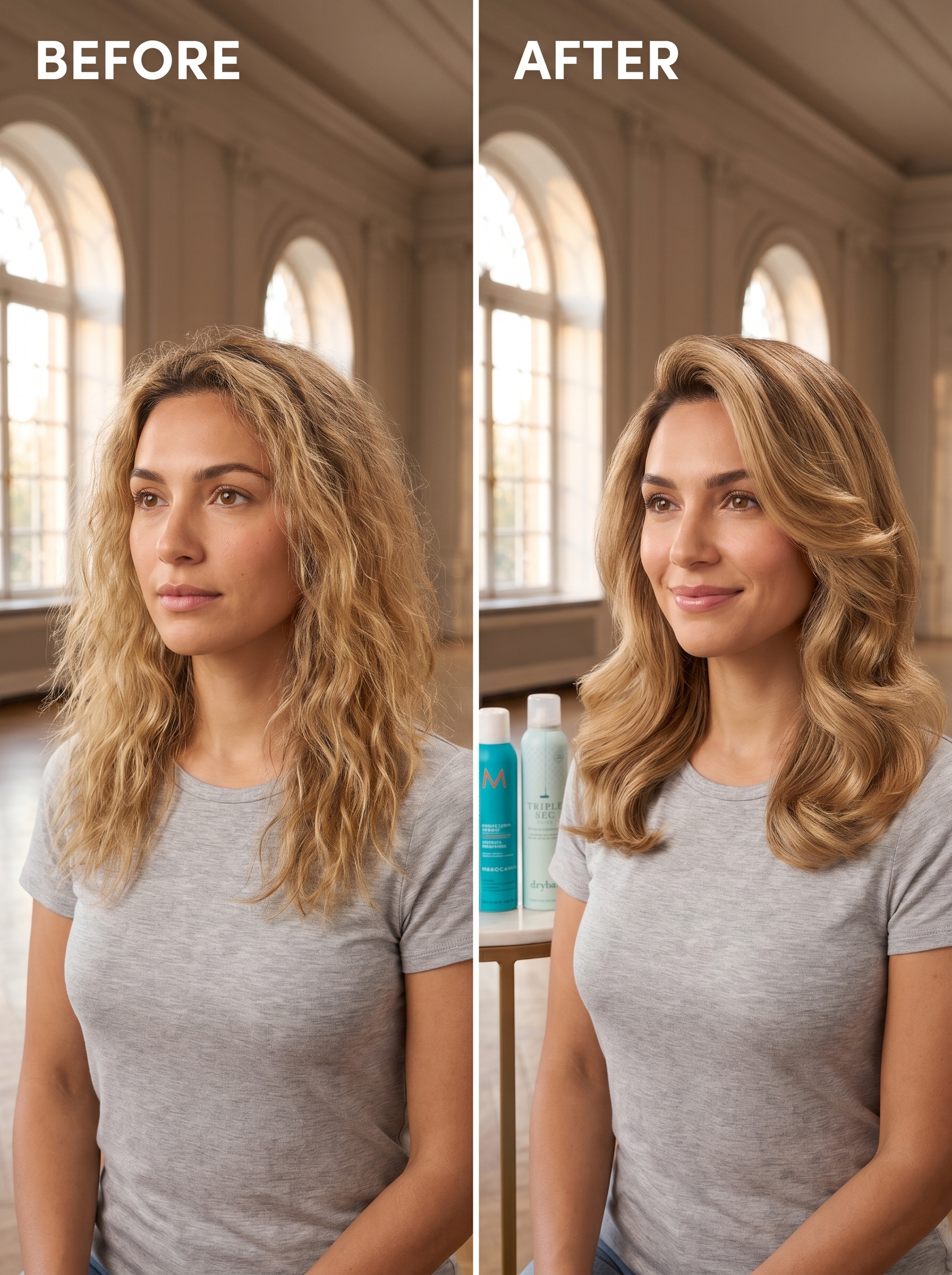 Flirty and voluminous airy butterfly cut blowout, a glamorous option for outdoor wedding hair summer 2026. Features nectar blonde hair styled with a large round brush.