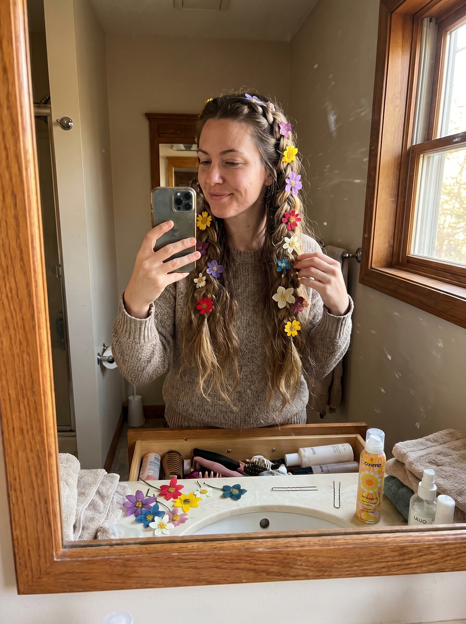 Whimsical ethereal garden braids with pressed dried flowers, a romantic outdoor wedding hair for summer 2026. Uses anti-frizz cream.