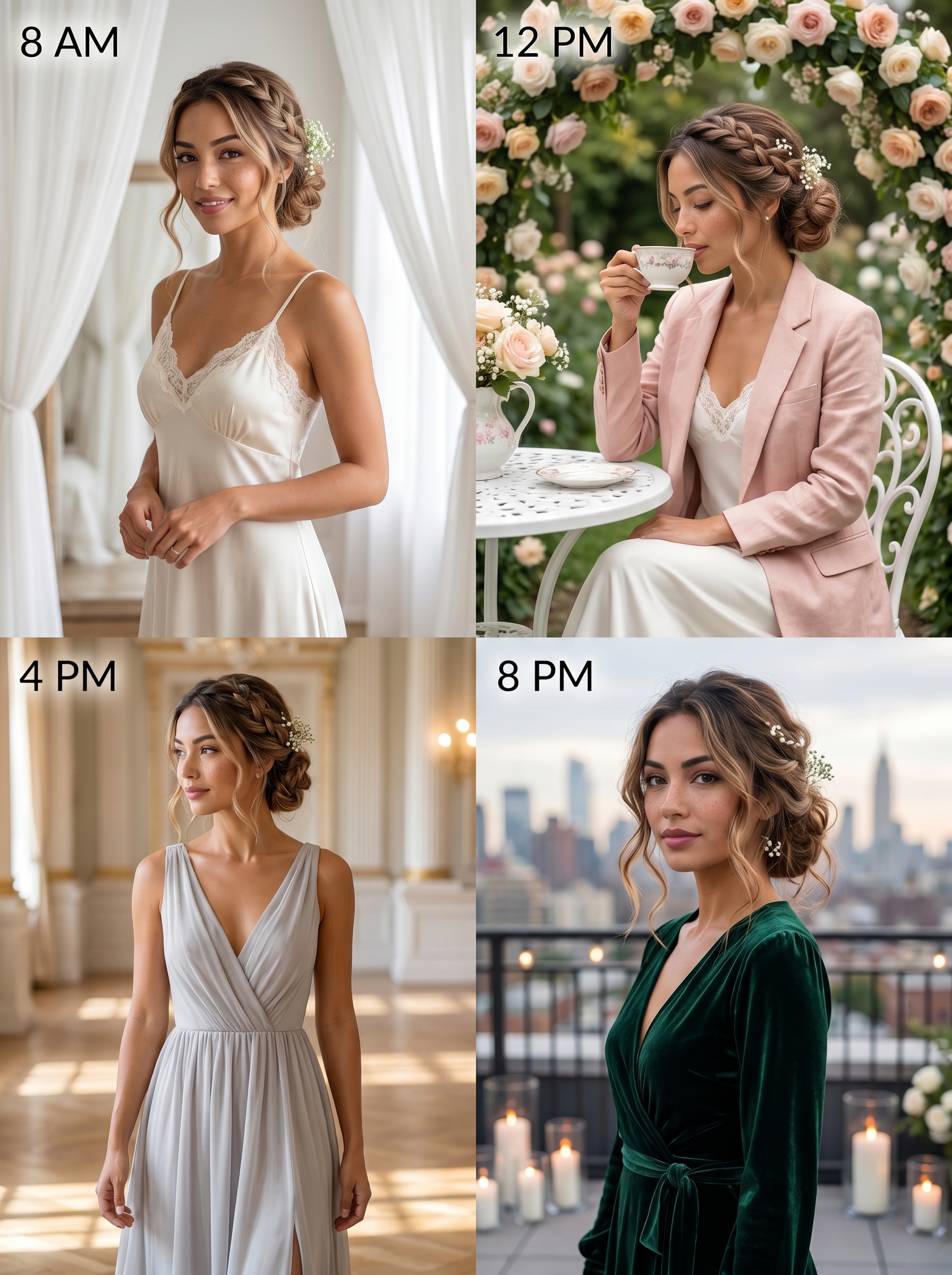 Beautiful bohemian garden braids with pressed florals enhance an outdoor wedding hair summer 2026 style. Features sandbar balayage, apricot lowlights, and delicate real flowers.