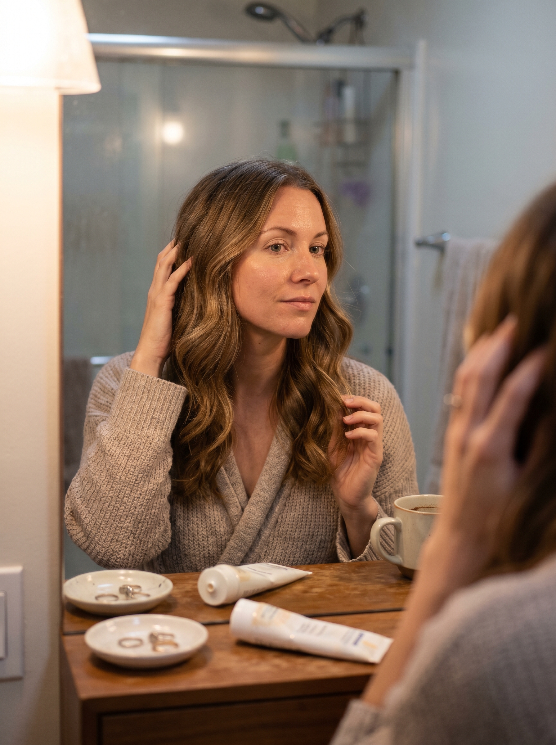 Elegant high-gloss quiet luxury waves, perfect for outdoor wedding hair summer 2026. Features expensive brunette gloss and nectar blonde highlights, styled with a large barrel curling iron.