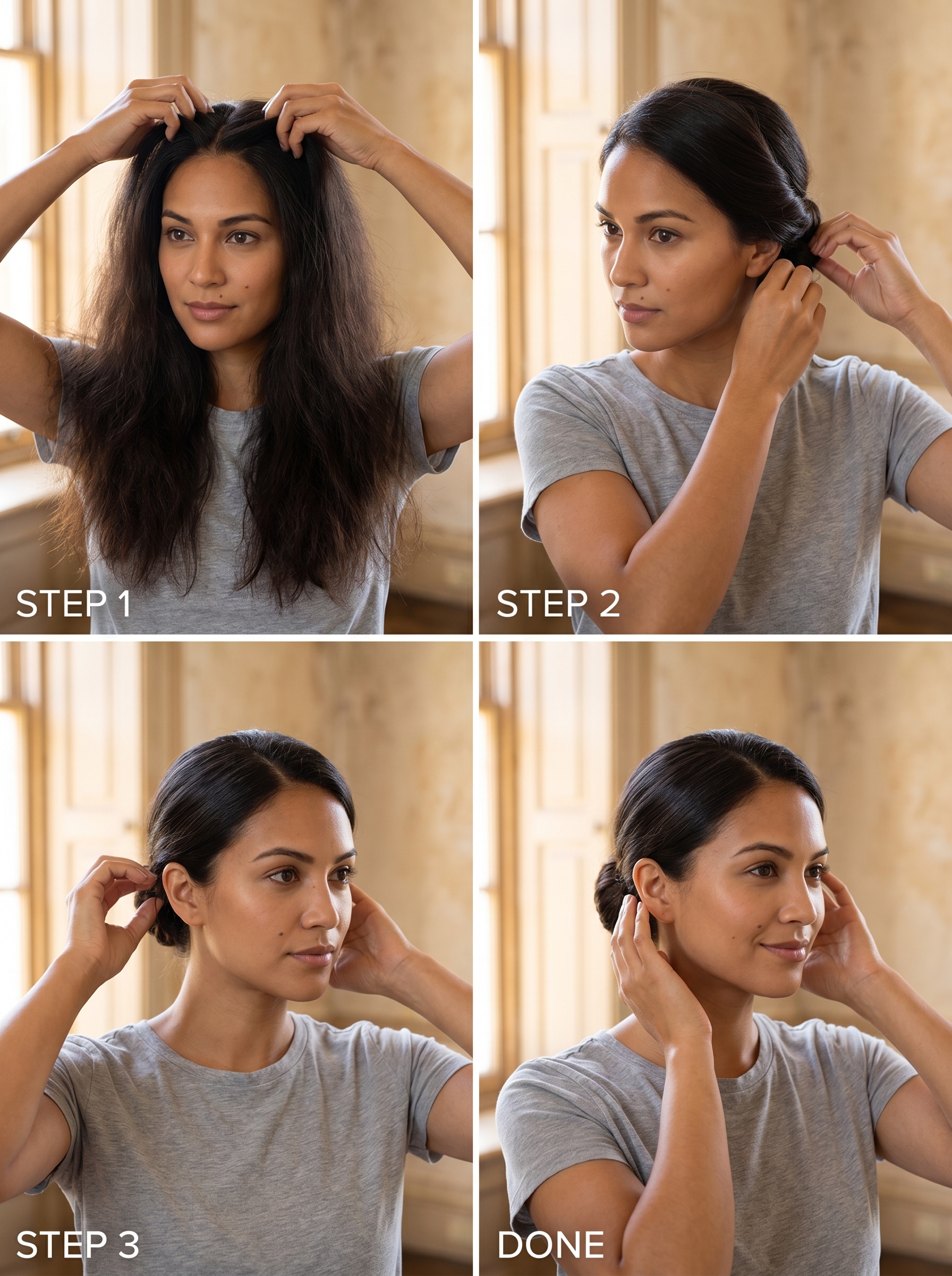 Sleek sculpted chignon in an expensive brunette gloss, perfect outdoor wedding hair for summer 2026. This modern, polished updo uses styling cream for humidity control.