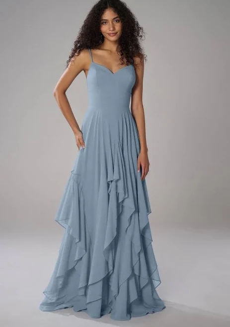 dress AW.Bridal A-line Sweetheart Neckline Floor Length Sleeveless Spaghetti Straps Ruffles Tiered Long Bridesmaid Dresses Dress AW Bridal $98.99