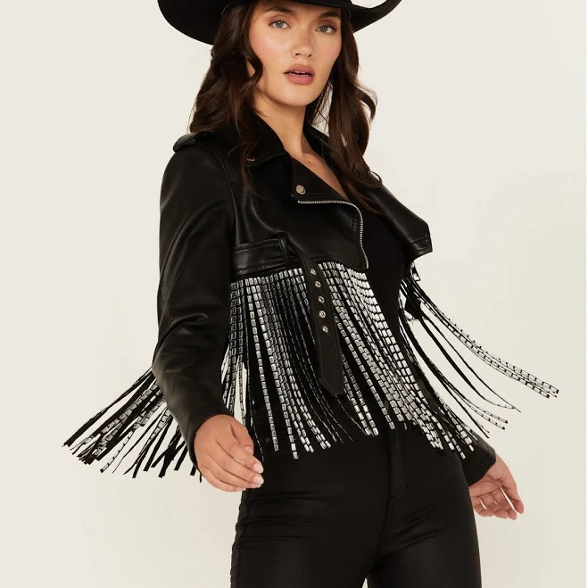 leather jacket Azalea Wang Women's Jette Cropped Fringe Moto Jacket Boot Barn $68.97