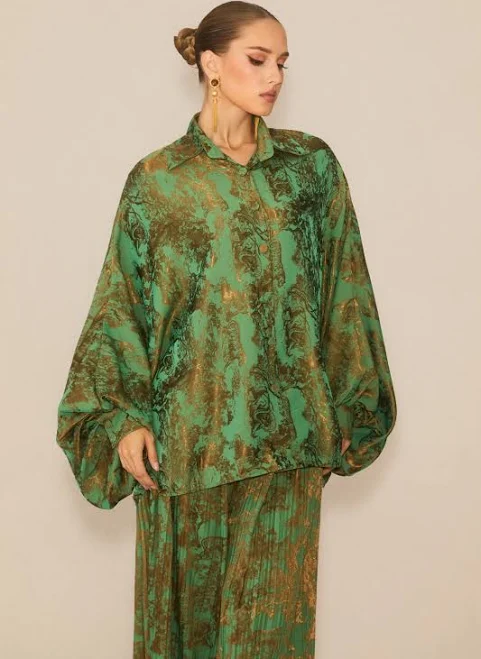 matching set Breezy Getaway Printed Blouse & Pleated Wide-Leg Pants Set sunfere $93