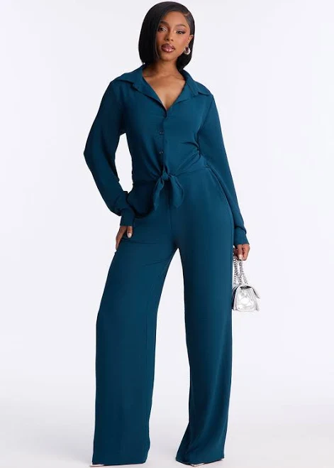matching set Fashion Nova Long Sleeve Button Up Shirt and Wide Leg Pant Set Fashion Nova $39.99