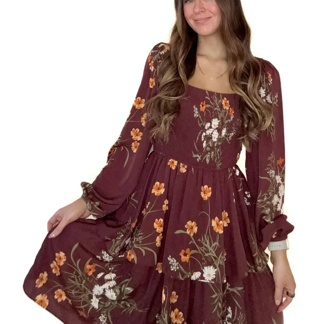 dress Floral Smocked Tiered Midi Dress with Balloon Sleeves Rosebud's Cottage $59.99