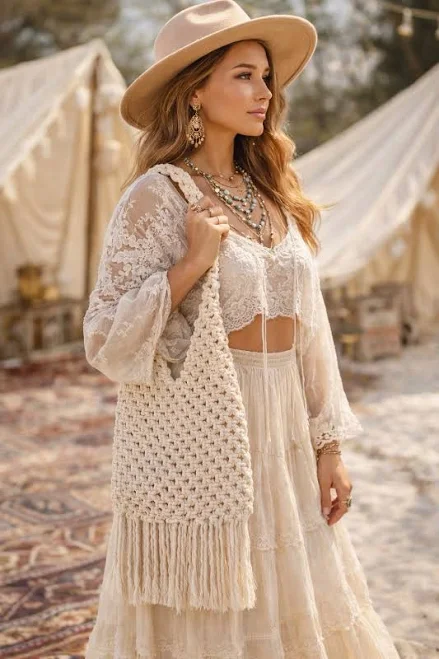 bag Handcrafted Macrame Shoulder Bag Boho Cream Color With Fringe eBay $10