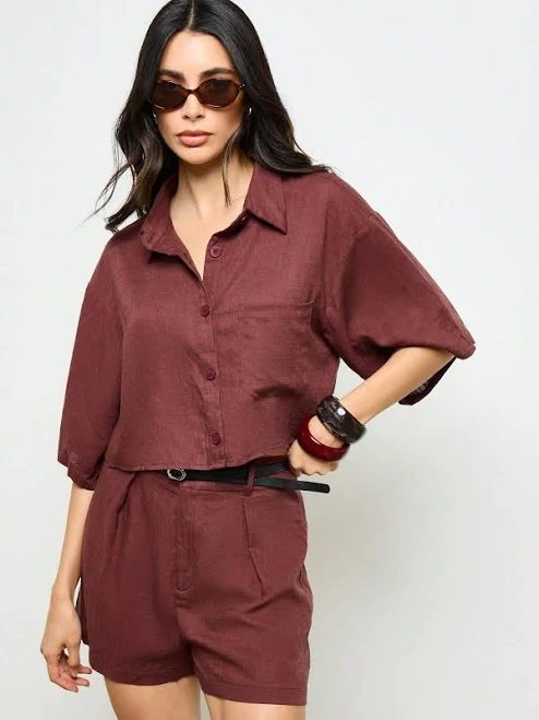 matching set Missguided Aiirz Linen Boxy Button Down Cropped Shirt and High Waist Short Set missguided $26.04