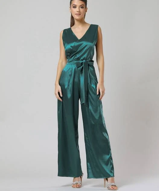 jumpsuit Sleeveless Wrap-Neck Wide Leg Satin Jumpsuit Etsy - DesirVale $127.15