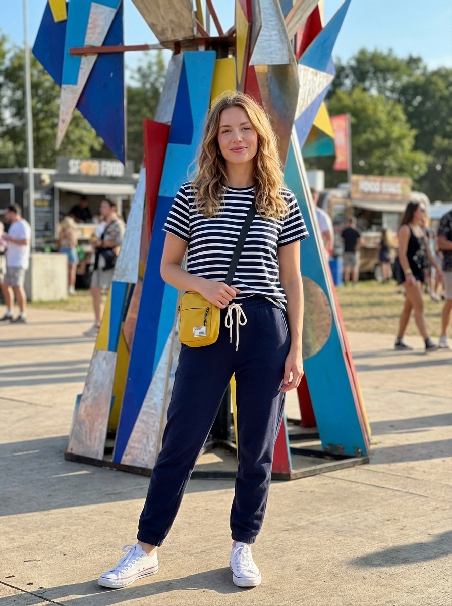 Casual white and navy striped t-shirt, navy joggers, white sneakers, and a mustard yellow crossbody bag are smart casual summer camp outfits.