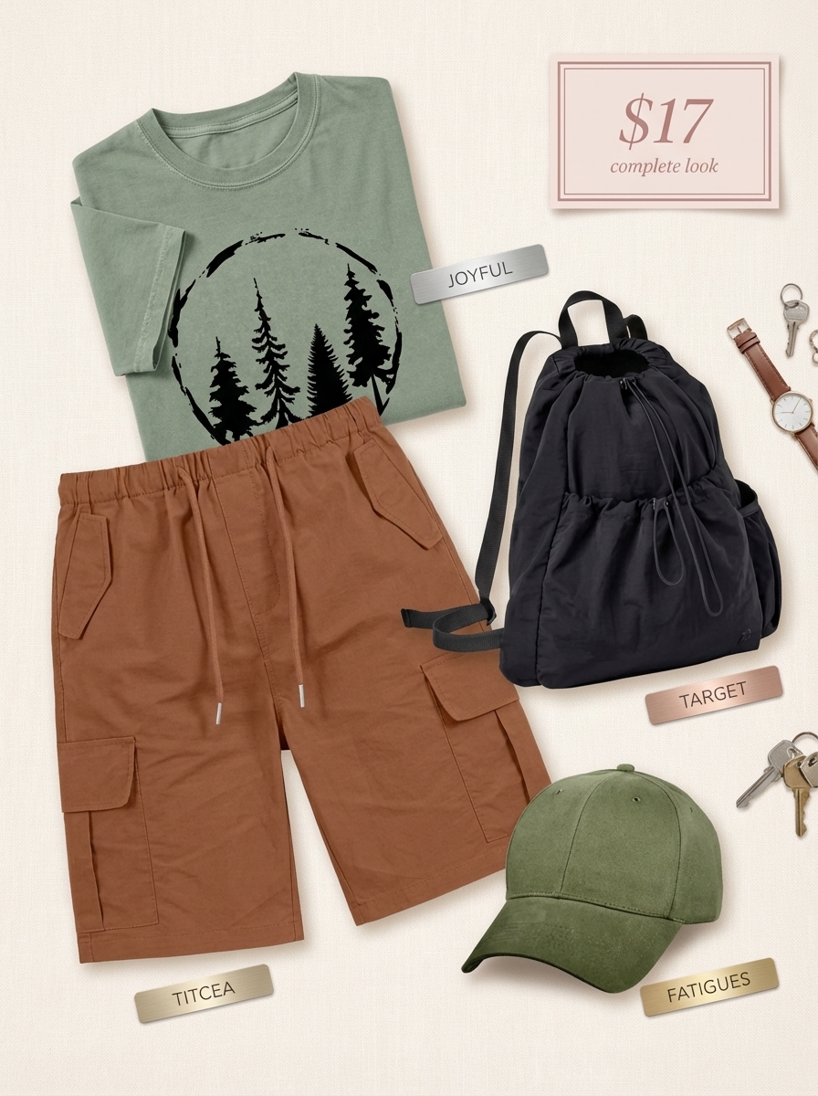 An adventurous summer camp outfit featuring khaki utility shorts, a forest green graphic tee, tan hiking sandals, and a black drawstring backpack, perfect for outdoor activities and exploring.