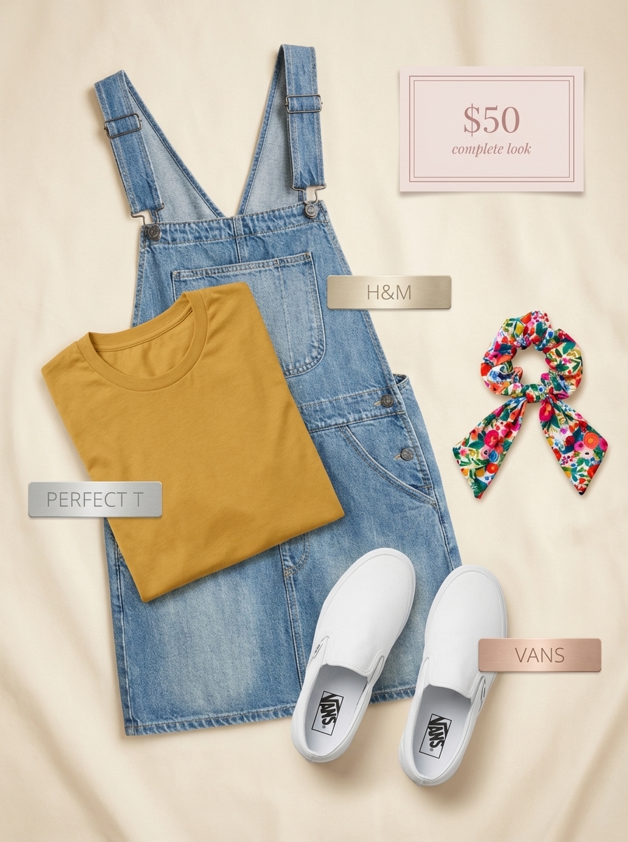 A playful arts and crafts summer camp outfit featuring a light wash denim overall dress, a mustard yellow t-shirt, and white canvas slip-on sneakers, perfect for messy play and creative activities.