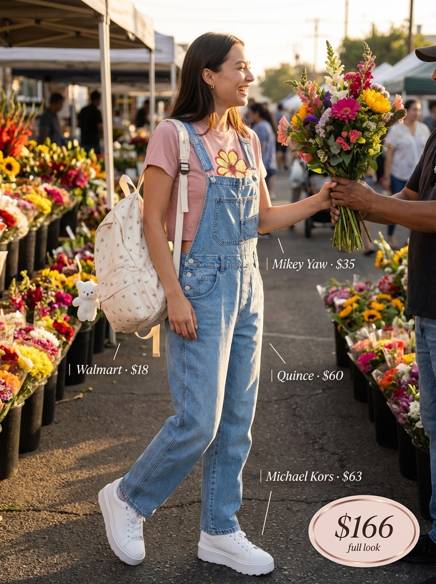 Playful summer camp outfit for arts & crafts featuring light wash denim overalls, a pastel pink graphic tee, and white platform sneakers.