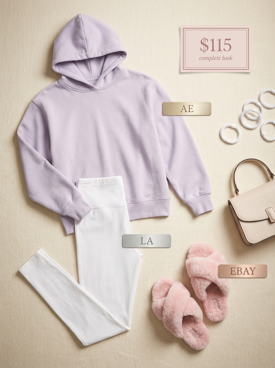 Cozy lavender oversized hoodie, white leggings, and light grey fuzzy slide sandals make comfortable summer camp outfits for cabin chilling.