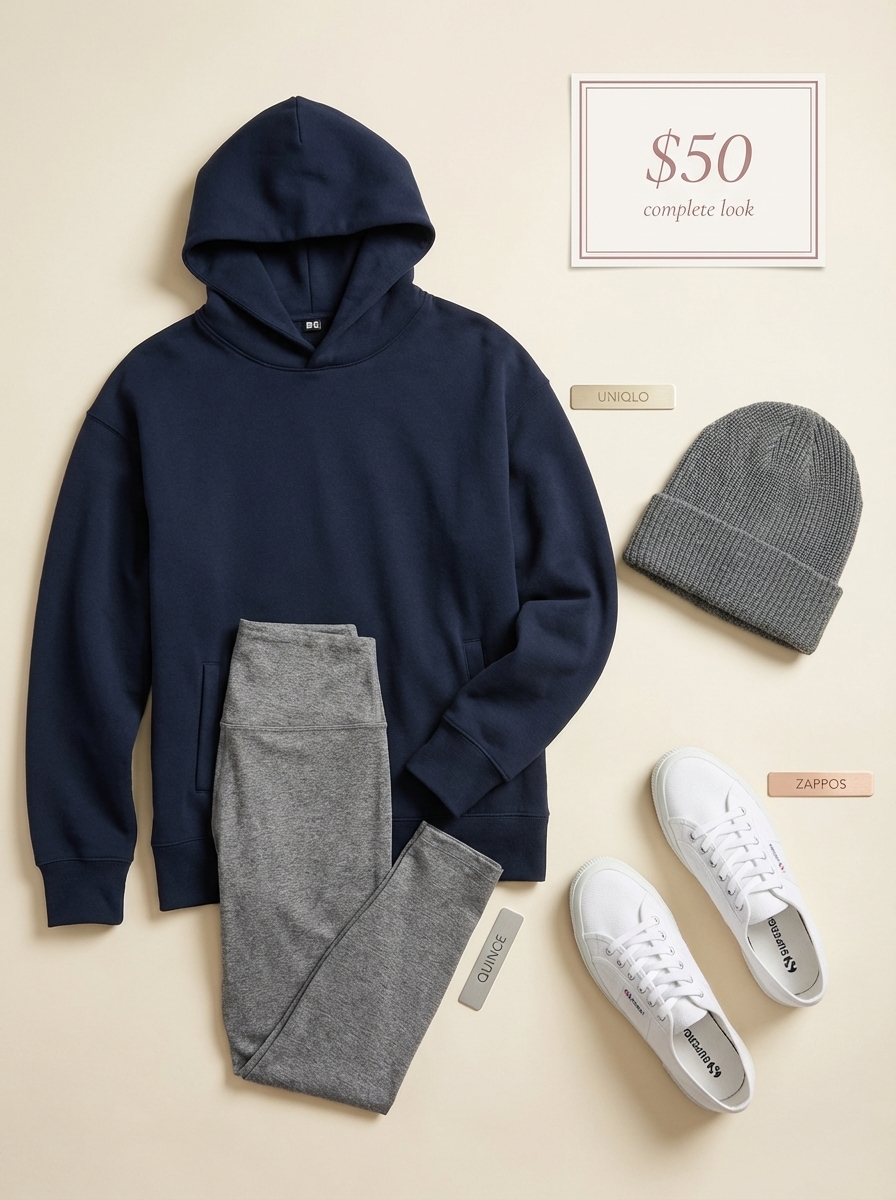 Cozy navy blue hoodie and heather gray leggings, perfect summer camp outfits for a relaxed evening campfire or outdoor movie night.