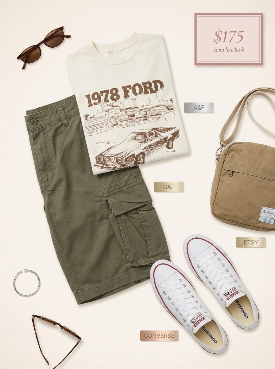 Relaxed olive green cargo shorts, a cream graphic tee, and white low-top sneakers create stylish summer camp outfits for a casual hangout.