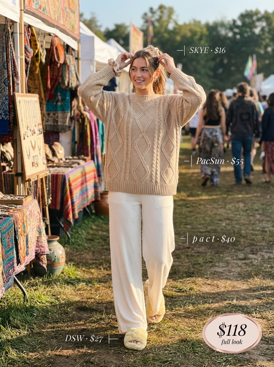 Cozy oversized beige cable-knit sweater, white lounge pants, and pale yellow fluffy slippers are ideal comfortable summer camp outfits for cabin lounging.