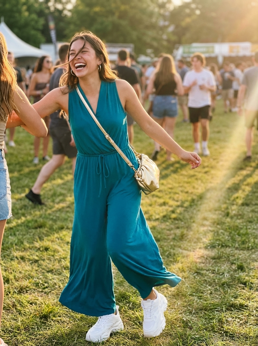Festive teal wide-leg jumpsuit, white platform sneakers, and a gold mini crossbody bag create energetic summer camp outfits for a dance party.