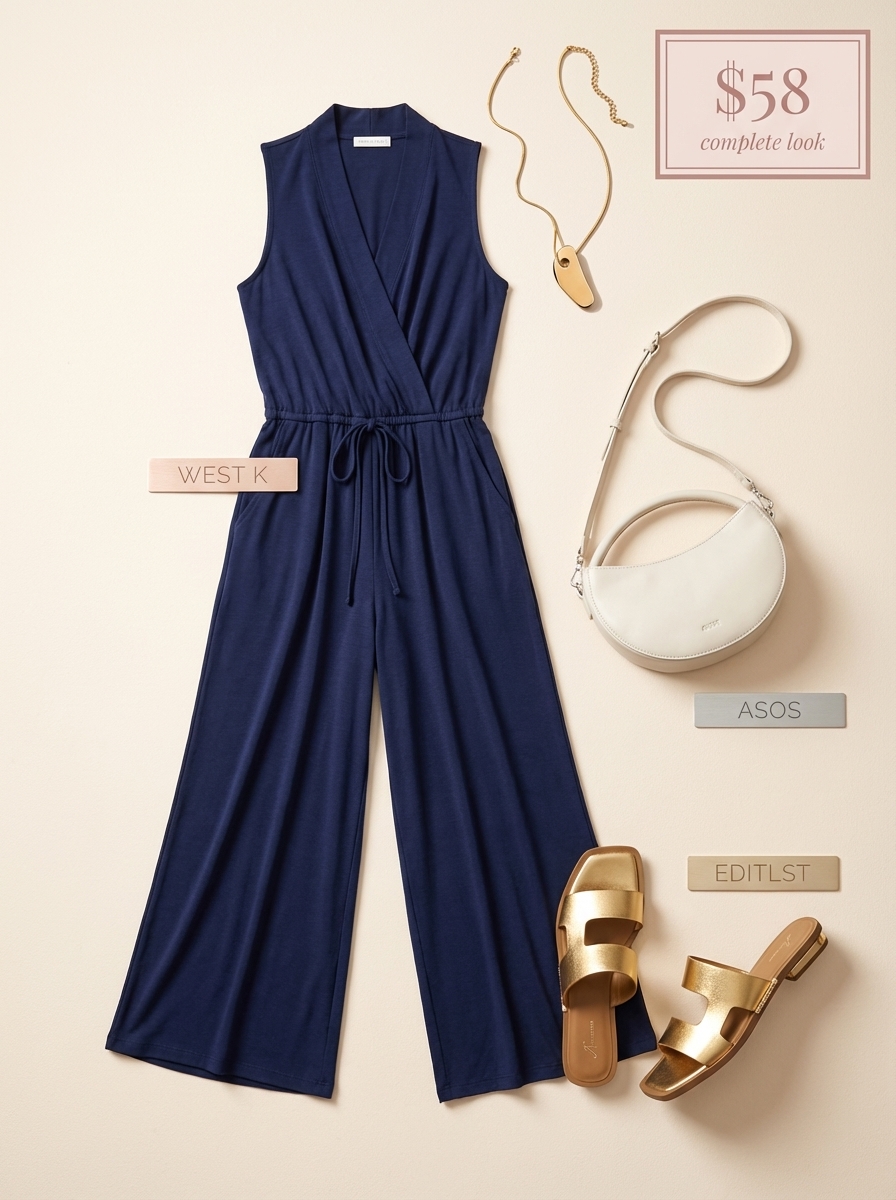 Charming navy blue wide-leg jumpsuit, gold flat sandals, and an ivory crossbody bag form chic summer camp outfits for a talent show.