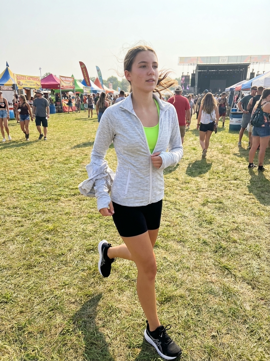 An energetic summer camp field games outfit with a neon green athletic tank top, black compression biker shorts, a light grey zip-up jacket, and running sneakers.