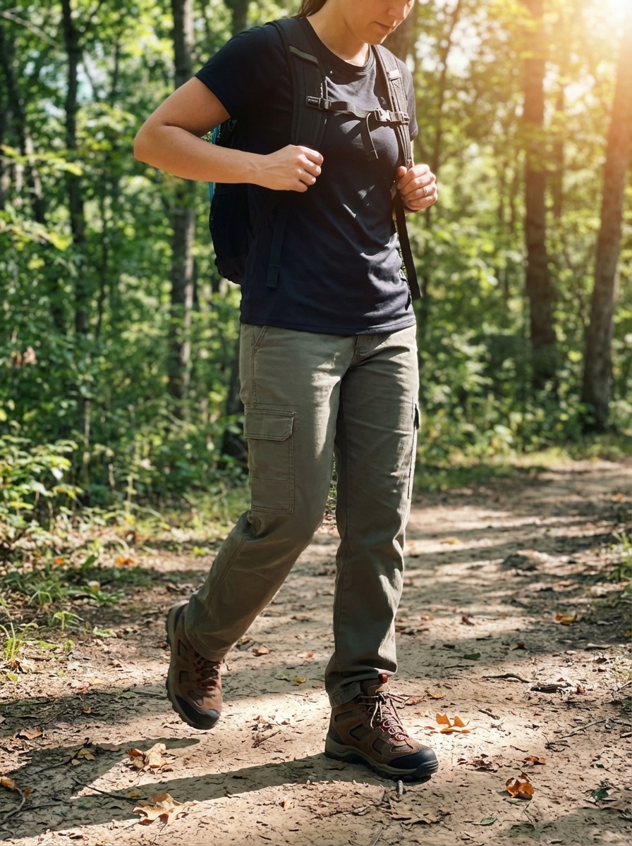 Adventurous summer camp outfit for women featuring olive green cargo pants, a black performance tee, and sturdy brown hiking boots, ready for forest exploration.