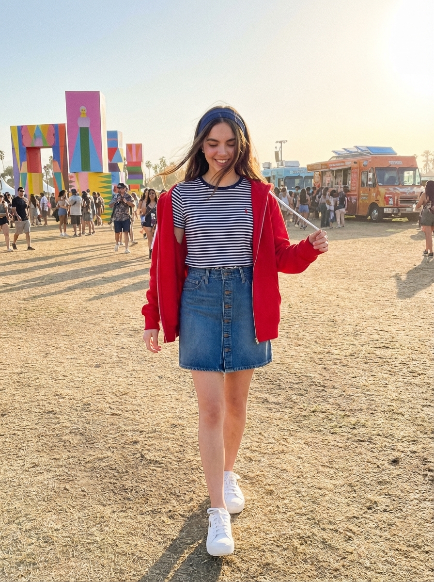 A youthful summer camp outfit for daily activities, featuring a medium wash denim mini skirt, a navy and white striped t-shirt, a red zip-up hoodie, and white low-top sneakers.
