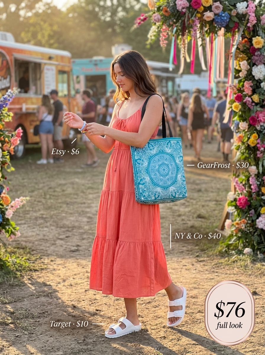 Cheerful coral tiered midi dress, white slide sandals, a teal graphic tote, and friendship bracelets are perfect summer camp outfits for mess hall meals.