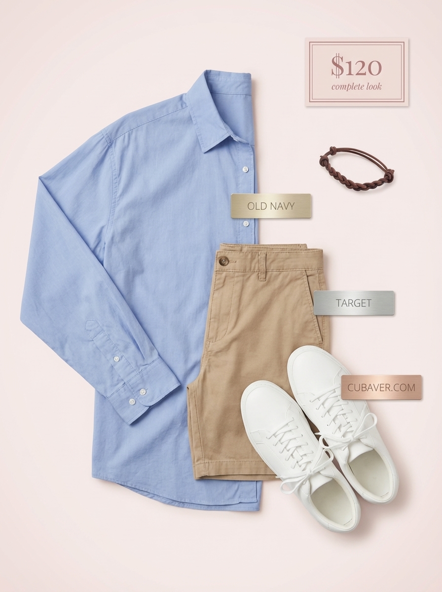 Neat light blue oversized button-down shirt, khaki chino shorts, and white sneakers, creating polished summer camp outfits for morning assembly.