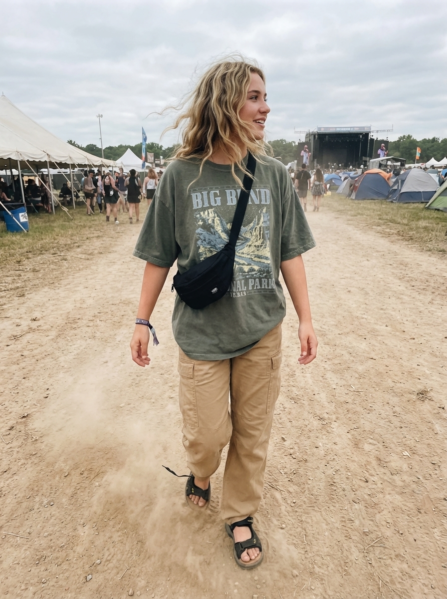 An adventurous summer camp outfit for nature walks, featuring khaki relaxed fit cargo pants, a forest green graphic t-shirt, black and yellow hiking sandals, and a black crossbody bag.