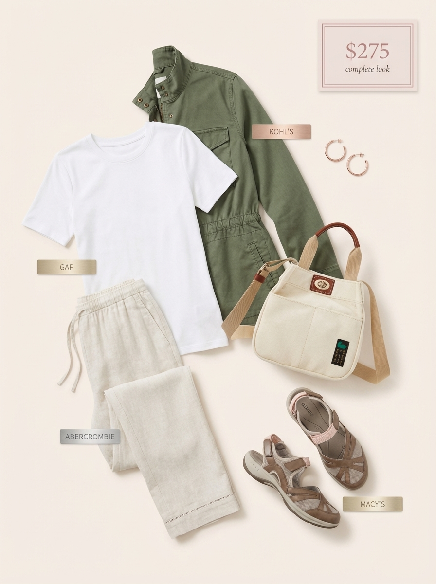 A comfortable nature walk summer camp outfit with khaki wide-leg linen pants, a white organic cotton tee, brown walking sandals, and a forest green utility jacket for outdoor learning.