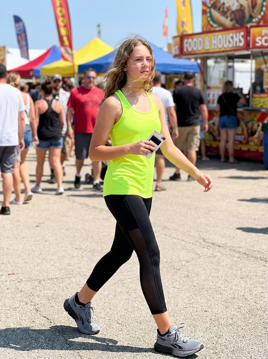 An athletic summer camp sports day outfit with a neon green racerback tank top, black athletic leggings, and grey running shoes, ideal for team games and workouts.