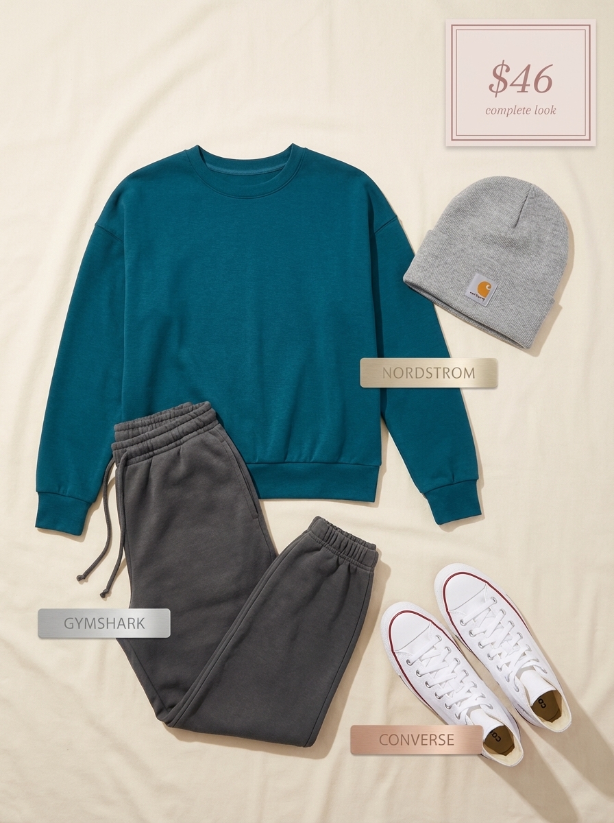 A cozy summer camp outfit for stargazing, featuring an oversized teal knit sweater, charcoal grey joggers, white high-top canvas sneakers, and a grey knit beanie for cool evenings.