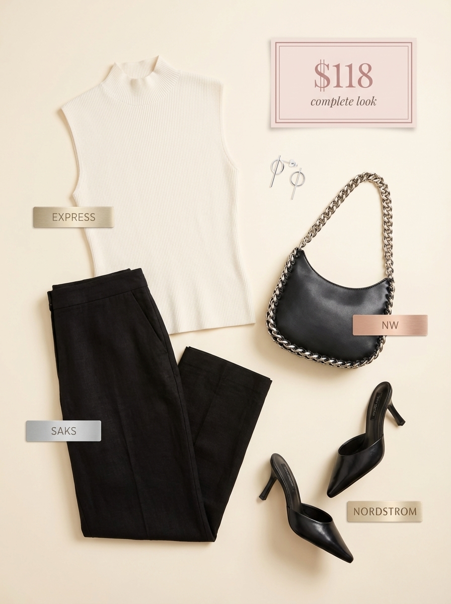 Gallery Opening Cool Summer Fits 2024: Black Trousers Sophisticated black linen blend cropped wide-leg trousers paired with a white knit mock neck top and black pointed-toe mules, modern summer fits for an evening event.