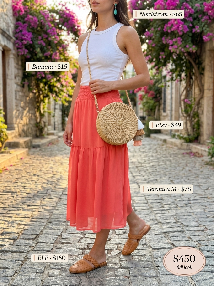 Desert Oasis Dream: Bohemian Summer Fits 2024 Bohemian summer fits showcasing a vibrant coral tiered midi skirt, white ribbed tank, gold and turquoise earrings, and tan slide sandals, ideal for festivals or vacation.