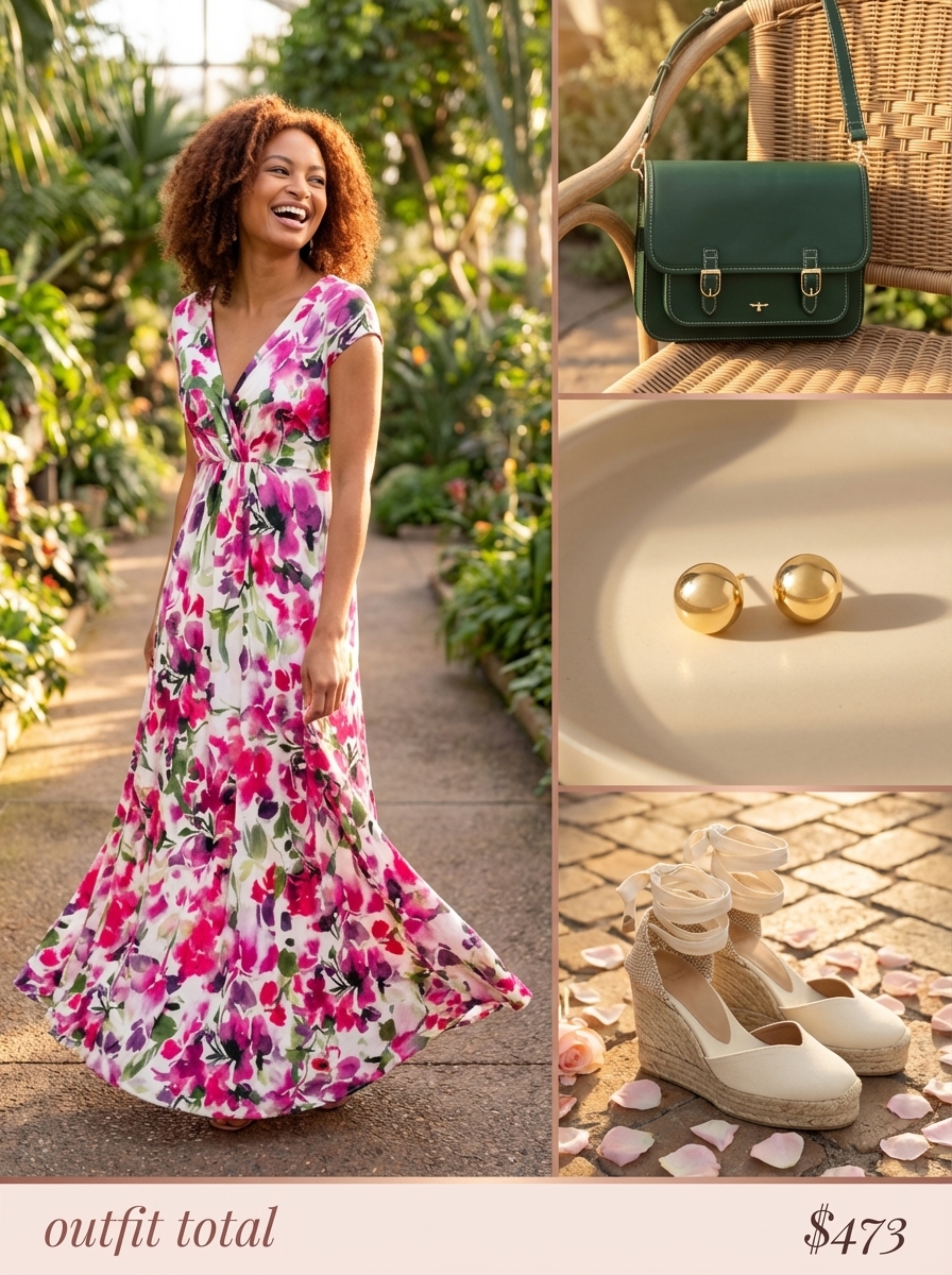 Garden Party Glamour Summer Fits 2024: Floral Maxi Joyful fuchsia floral print tiered maxi dress with puff sleeves, perfect for summer fits. Styled with ecru espadrille wedges and a forest green top-handle bag for a garden party.