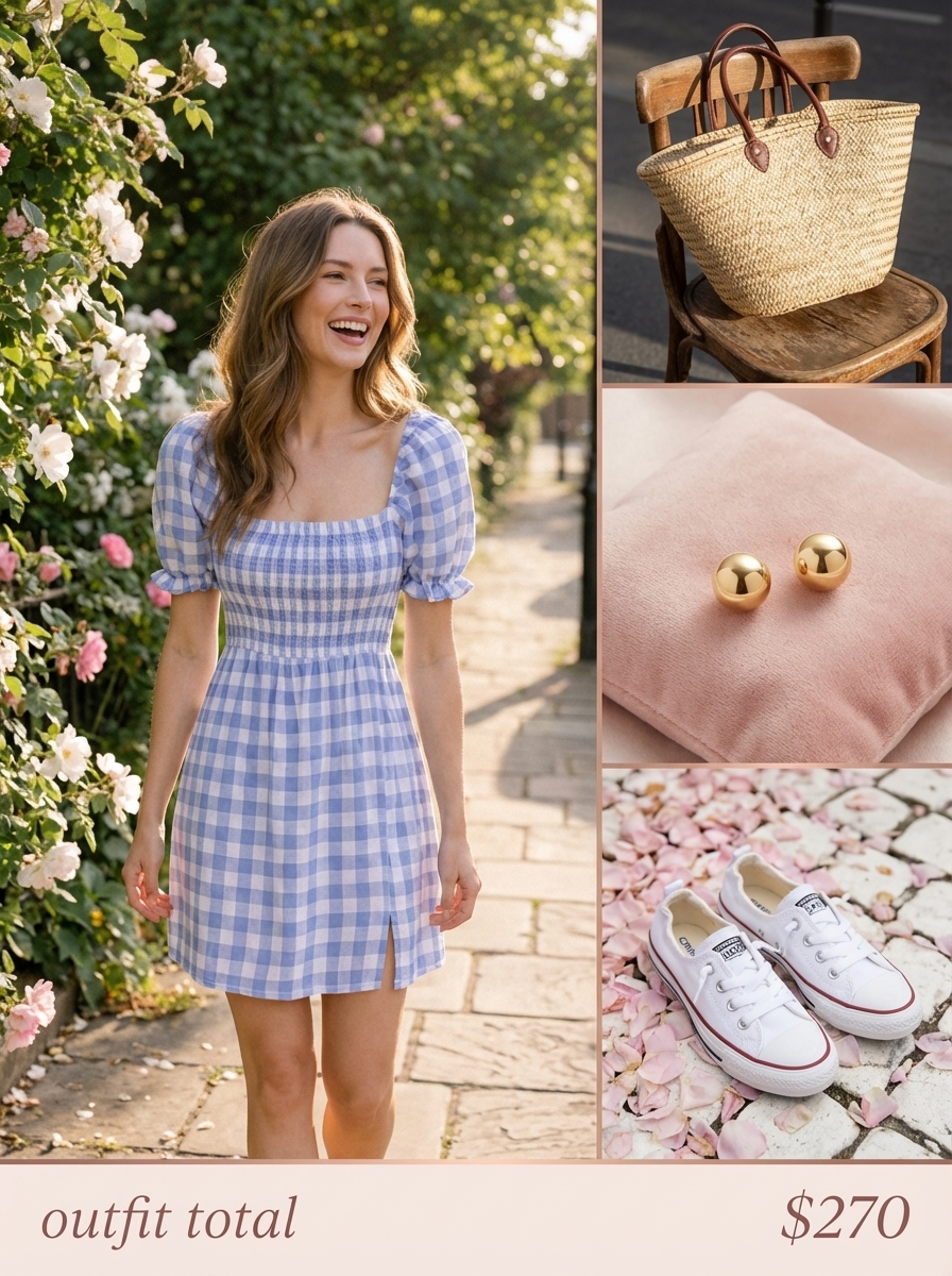 Picnic in Provence Summer Fits 2024: Gingham Dress Playful light blue gingham mini sundress with a smocked bodice, styled with clean white canvas sneakers and a woven straw basket bag, perfect summer fits for a picnic.