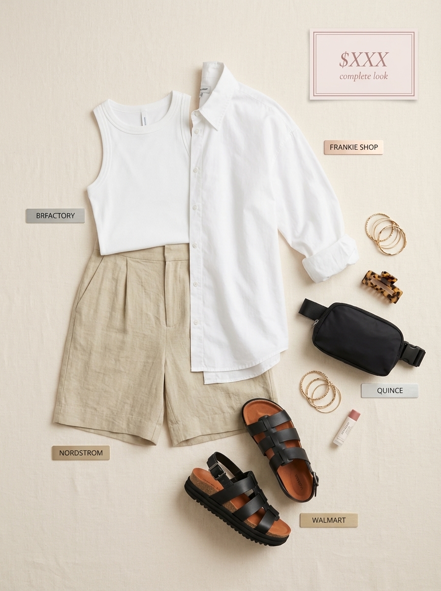 City Safari Explorer Summer Fits 2024: Khaki Shorts Stylish khaki tailored Bermuda shorts paired with a white oversized button-down shirt and black chunky flat sandals, a practical summer fit for city exploration.