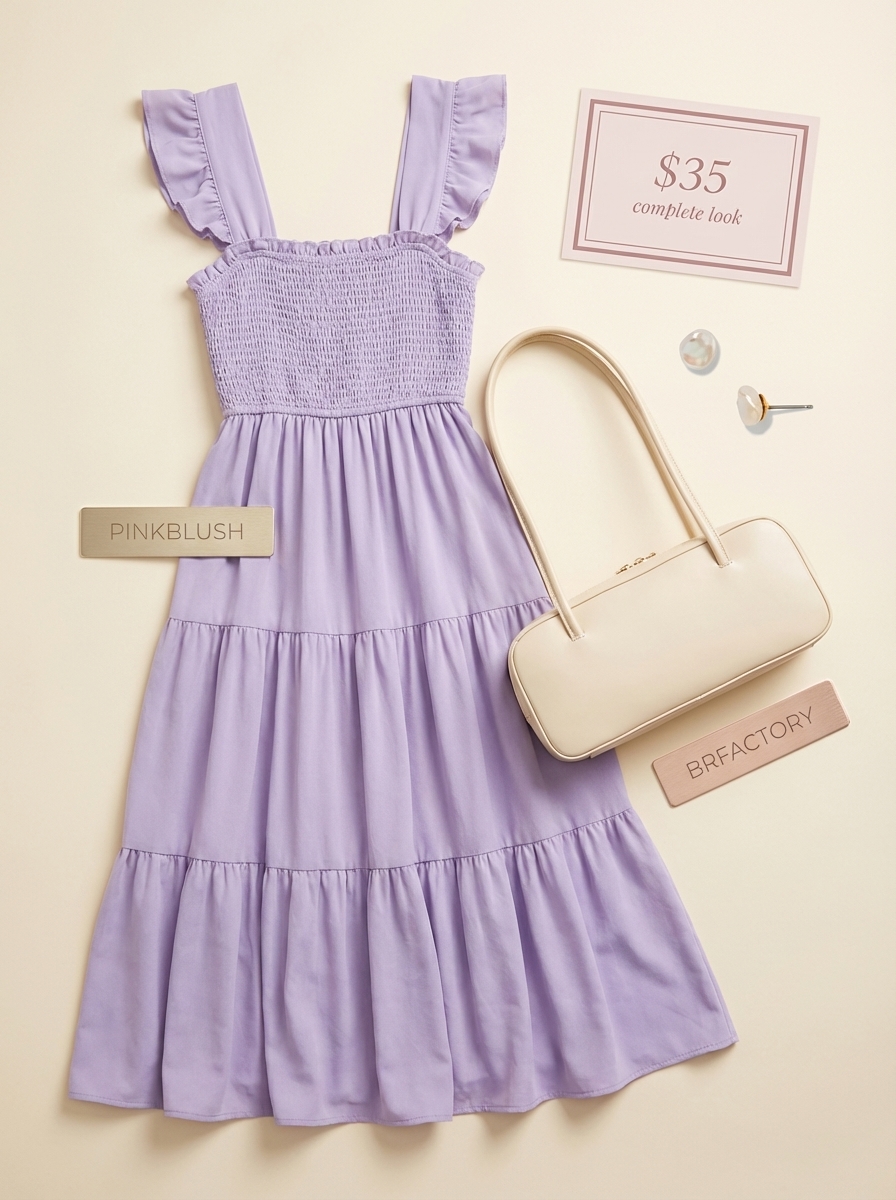 Lavender Haze Summer Fits 2024: Brunch Dress Romantic soft lavender crinkle cotton midi dress with a smocked bodice, paired with nude block heel sandals and a cream mini top-handle bag, ideal for summer fits.