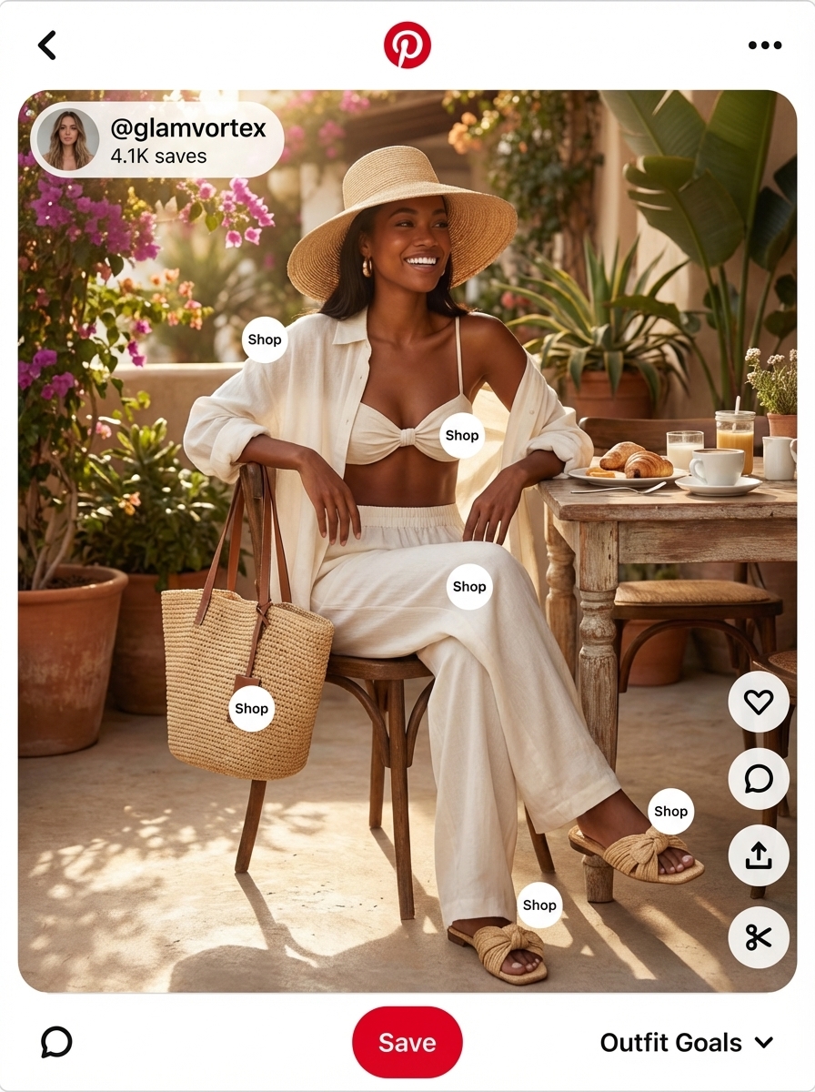 Linen Luxe: Elegant Summer Fits 2024 Luxurious linen summer fits featuring an off-white oversized shirt and wide-leg trousers co-ord set, raffia slides, a large straw tote, and a wide-brim hat for resort wear.