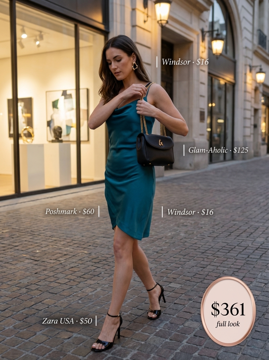 Midnight Bloom: Chic Summer Fits 2024 Chic evening summer fits with a deep teal satin slip mini dress, black strappy high heels, a vegan leather shoulder bag, and bold gold statement earrings, ideal for date night.