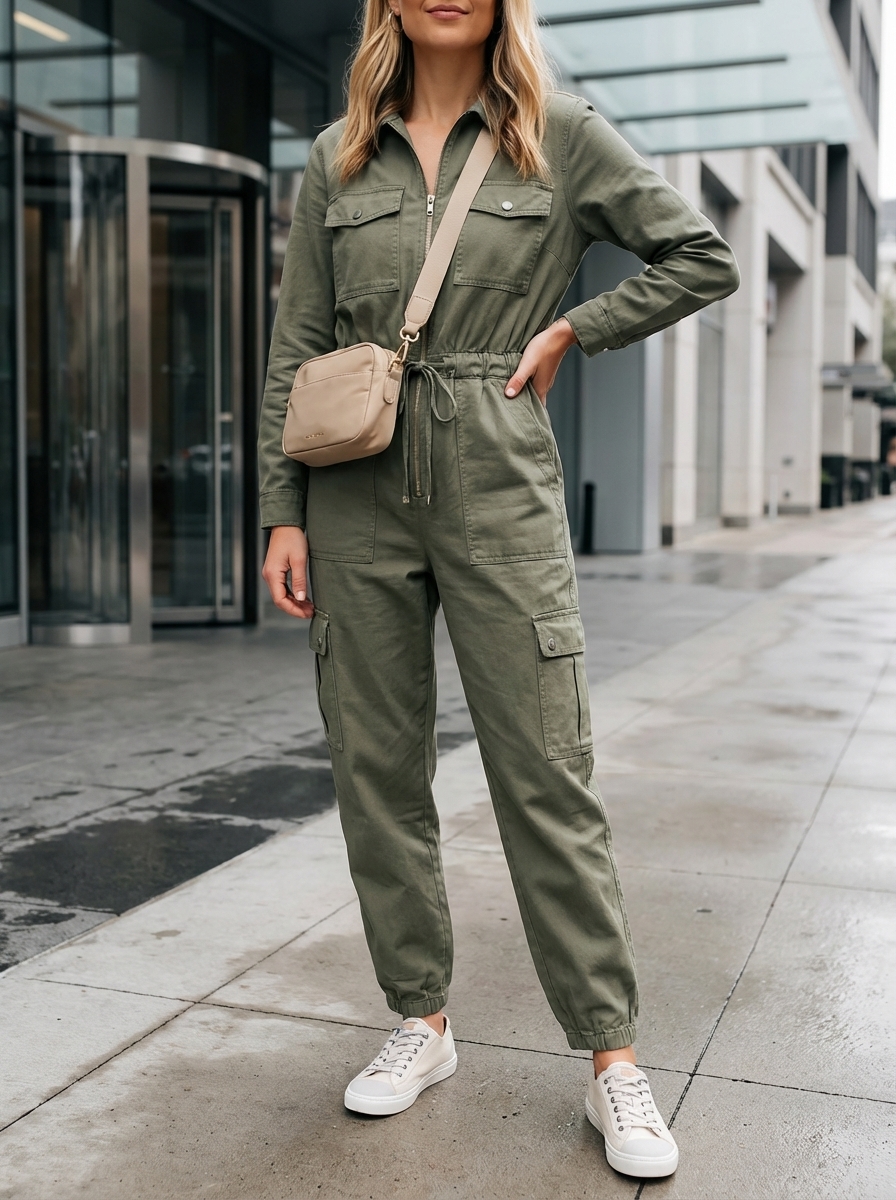 Summer Utility Chic 2024: Olive Jumpsuit Practical olive green Tencel blend utility jumpsuit with a drawstring waist, styled with classic off-white low-top sneakers and thin gold hoops, a chic summer fit.