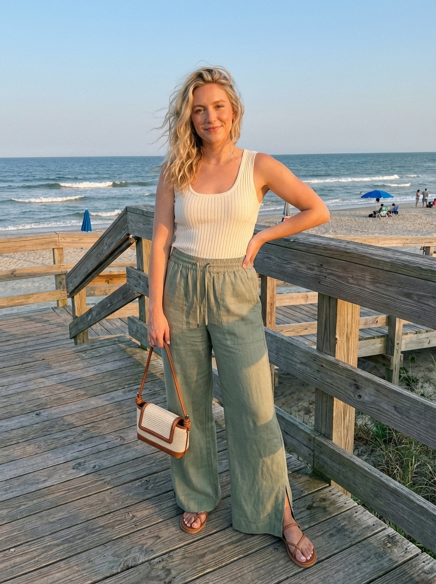 Boardwalk Sunset Summer Fits 2024: Linen Pants Relaxed sage green wide-leg linen blend pants with a cream ribbed tank top, tan strappy sandals, and a straw crossbody bag; perfect summer fits for a boardwalk stroll.