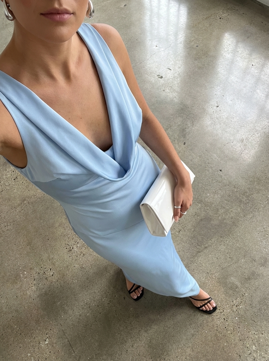 Sky Blue Evening Breeze: Elegant Summer Fits 2024 An elegant sky blue satin maxi slip dress with white kitten heel sandals, a white clutch, and silver drop earrings, for refined summer fits.