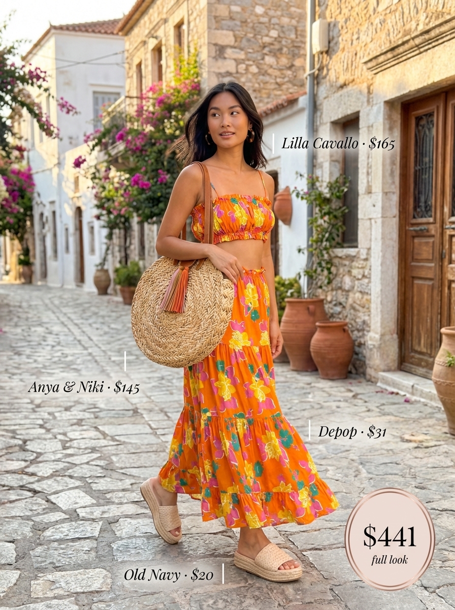Sunny Day Getaway: Vibrant Summer Fits 2024 A vibrant orange and yellow abstract print smocked crop top and tiered maxi skirt set with espadrille platforms and a straw bag, showcasing summer fits.