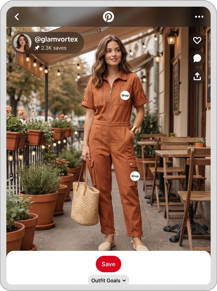 Desert Bloom Summer Fits 2024: Terra Cotta Jumpsuit Earthy terra cotta utility jumpsuit with a self-tie belt, paired with sand beige flat espadrille sandals and a woven raffia tote, a comfortable summer fit for travel.