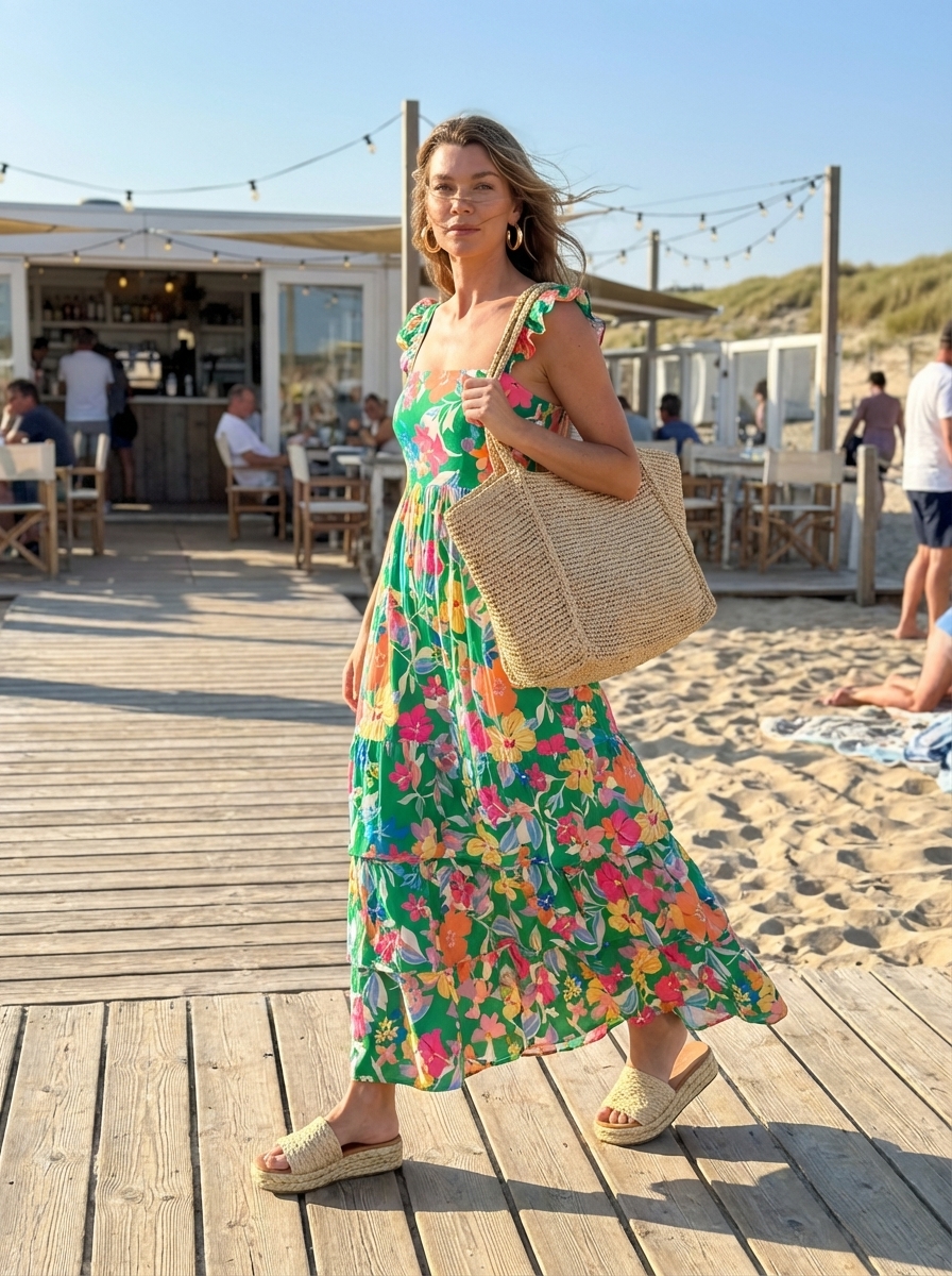 Tropical Escape: Resort Summer Fits 2024 A flowy tropical floral print maxi dress in coral and emerald, with jute slides, a raffia tote, and a straw hat for summer fits.